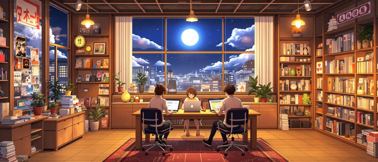 亲亲漫画网团队工作场景 - 月光下的动漫编辑部,充满番剧海报与温暖灯光